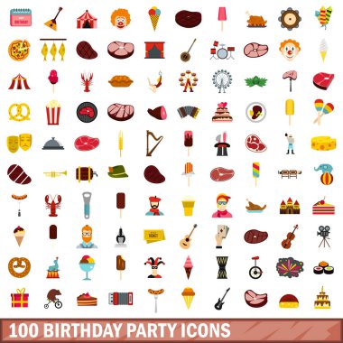 100 doğum günü partisi simgeler kümesi, stil düz