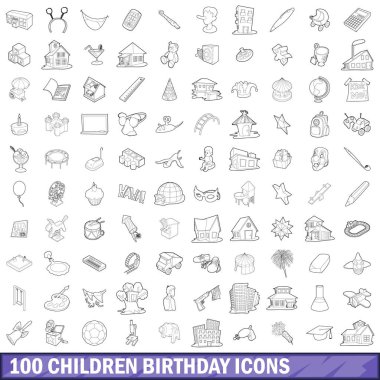 100 çocuk doğum günü Icons set, anahat stili