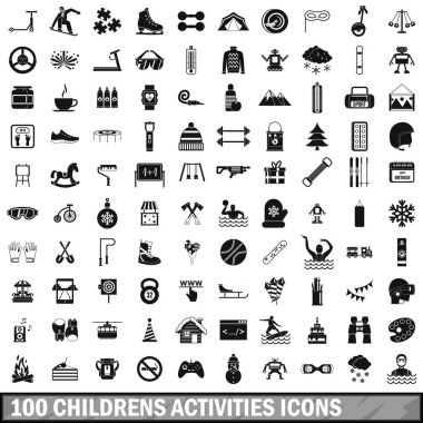 100 çocuk faaliyetleri Icons set, basit tarzı