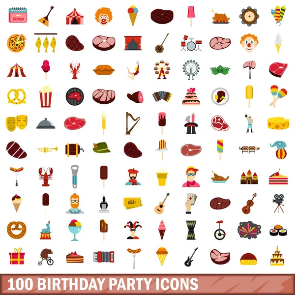 100 conjunto de ícones de festa de aniversário, estilo plano — Vetor de Stock