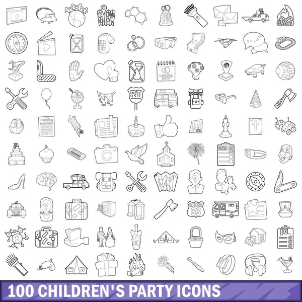 Conjunto de iconos de fiesta para 100 niños, estilo de esquema — Vector de stock