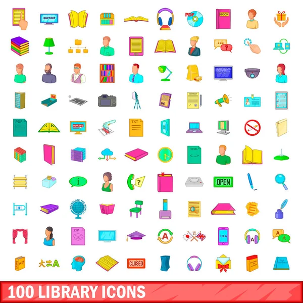 100 conjunto de iconos de la biblioteca, estilo de dibujos animados — Vector de stock