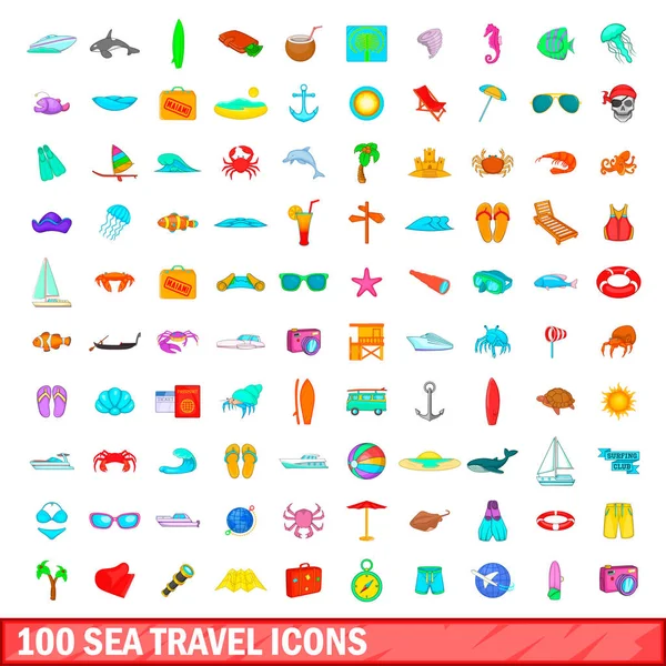 100 conjunto de iconos de viajes por mar, estilo de dibujos animados — Vector de stock