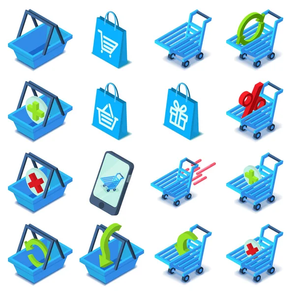 Shopping cart iconen set, isometrische stijl — Stockvector