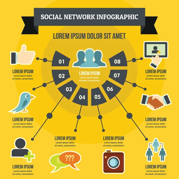 소셜 네트워크 infographic 개념, 평면 스타일 — 스톡 벡터