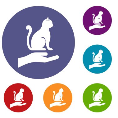 Bir kedi Icons set tutan el