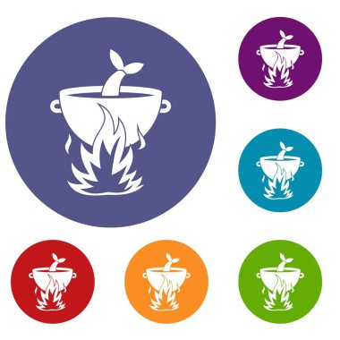 Bir yangın Icons set üzerinde balık çorbası