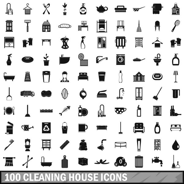 100 cleaning house icons set, simple style