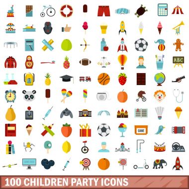 Icons set, düz stil 100 çocuk parti