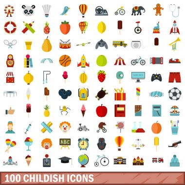 100 çocukça Icons set, düz stil