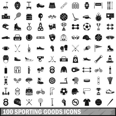100 spor ürünler Icons set, basit tarzı
