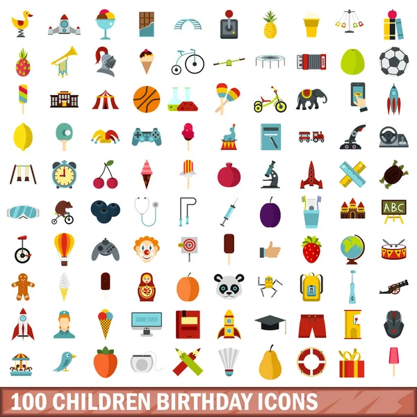 Conjunto de iconos de cumpleaños de 100 niños, estilo plano — Vector de stock