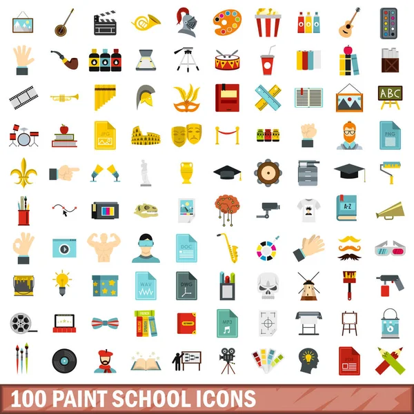 100 iconos de la escuela de pintura, estilo plano — Archivo Imágenes Vectoriales