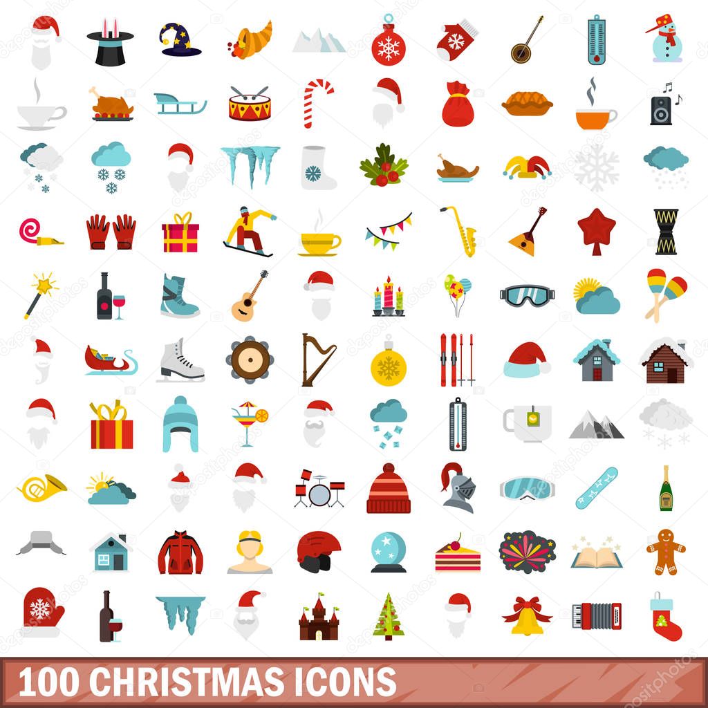 100 christmas icons set, flat style