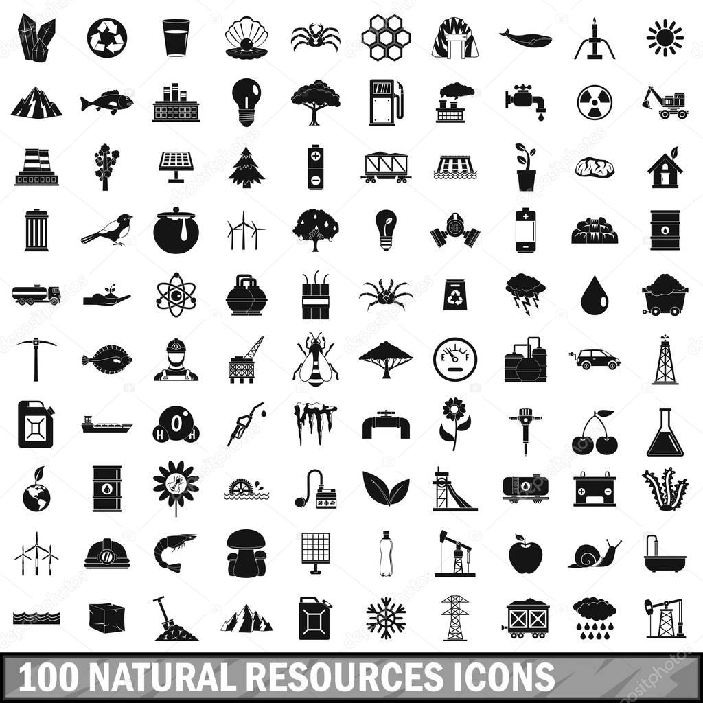 100 natural resources icons set, simple style