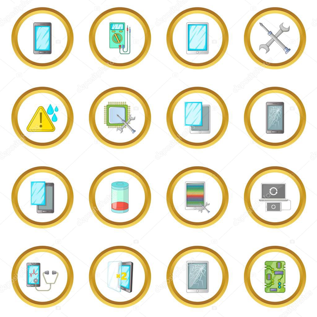 Broken phones fix icons circle gold in cartoon style isolate on white background vector illustration