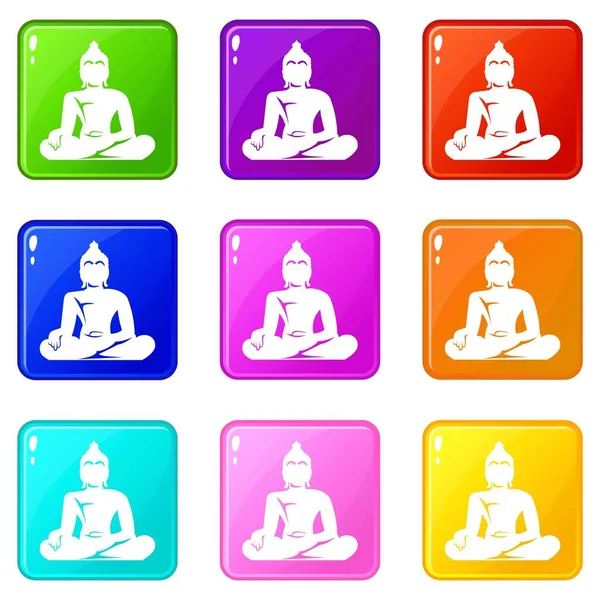 Statue de Bouddha assis dans des icônes pose lotus 9 ensemble — Image vectorielle