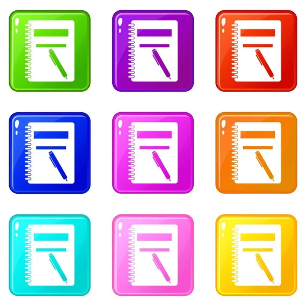 Uzavřený spirální notebook a ikony pera 9 set — Stockový vektor