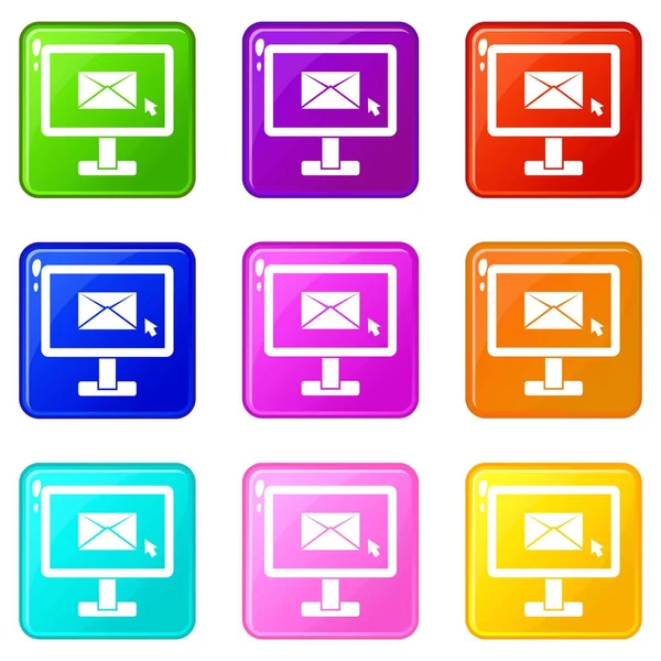 Monitor met e-mail teken pictogrammen 9 set — Stockvector