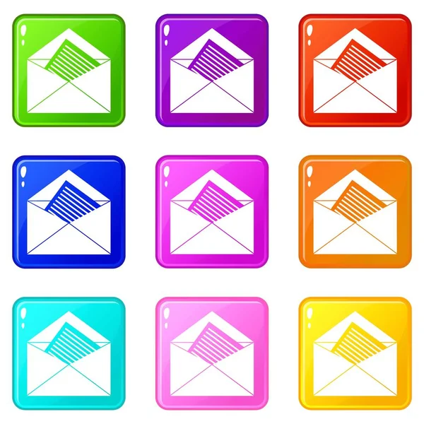 Enveloppe ouverte avec feuille d'icônes en papier 9 set — Image vectorielle