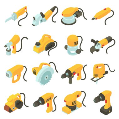 Electric tools icons set, isometric cartoon style clipart
