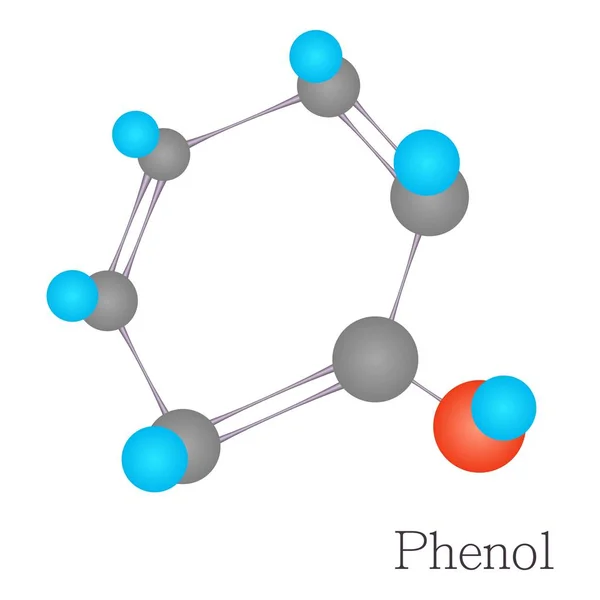 Fenol 3D molekula kémiai tudomány, rajzfilm stílusú — Stock Vector