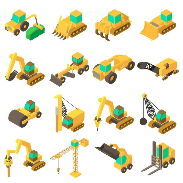 Conjunto de iconos de vehículos de construcción, estilo isométrico — Vector de stock
