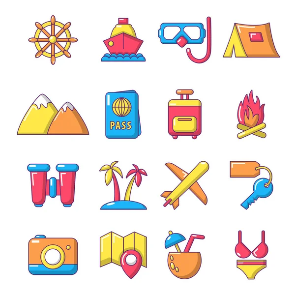 Conjunto de iconos de viaje de verano, estilo de dibujos animados — Vector de stock