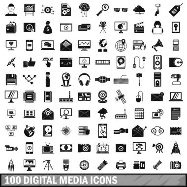 100 dijital medya simgeleri seti, basit stil