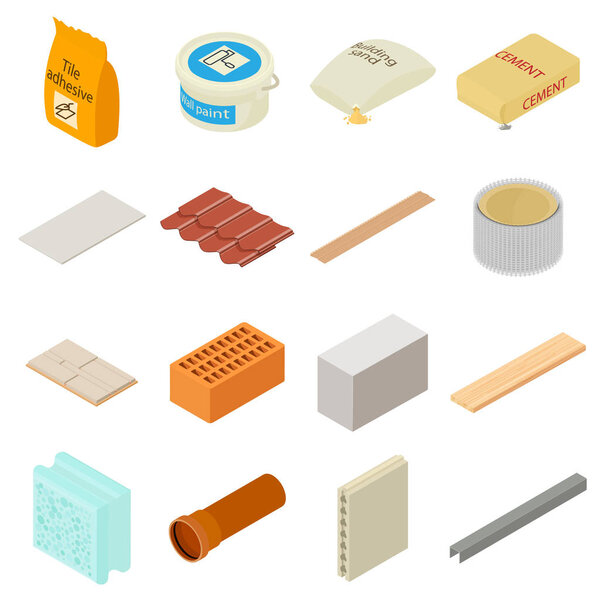 Building materials icons set, isometric style