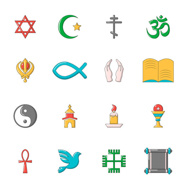 Religion icons set, cartoon style