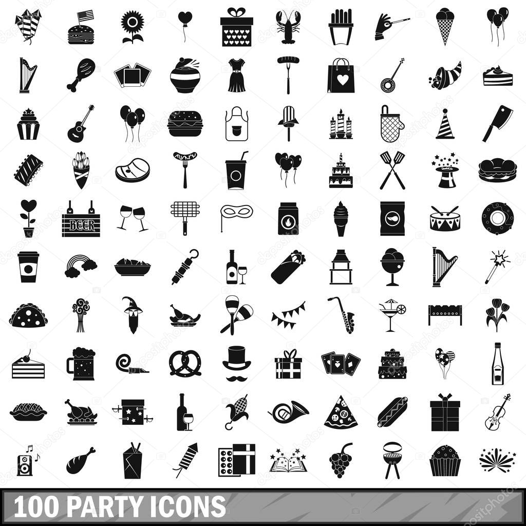 100 party icons set, simple style