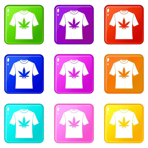 T-shirt con stampa di icone di cannabis set 9 — Vettoriale Stock