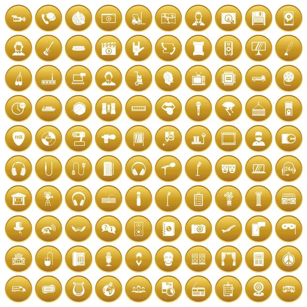 100 microphone icons set gold — Stock Vector