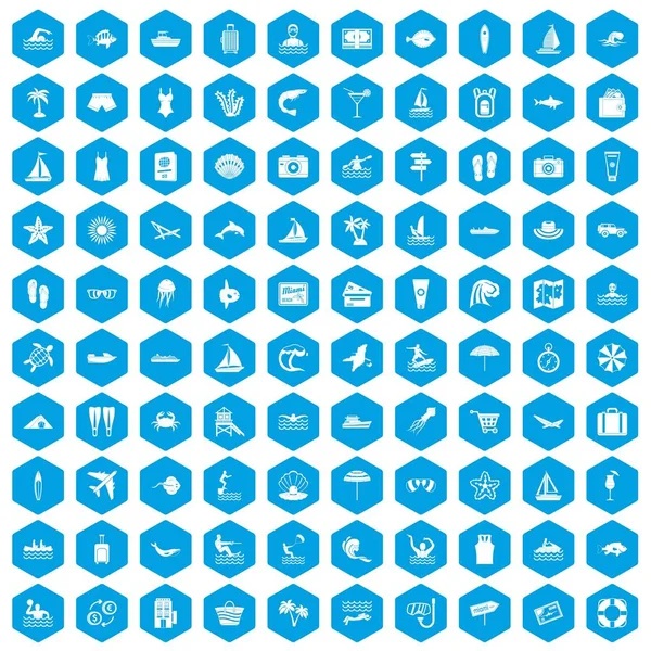 100 iconos de playa azul — Vector de stock