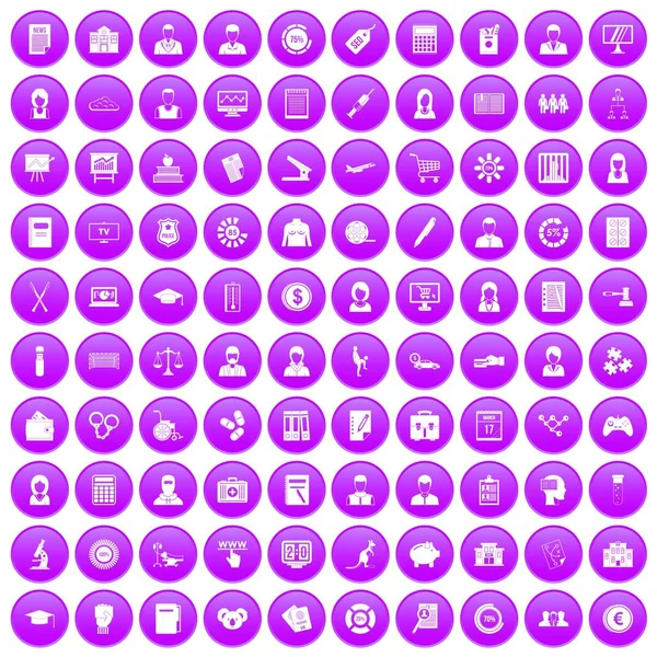 100 ícones de dados estatísticos conjunto roxo — Vetor de Stock