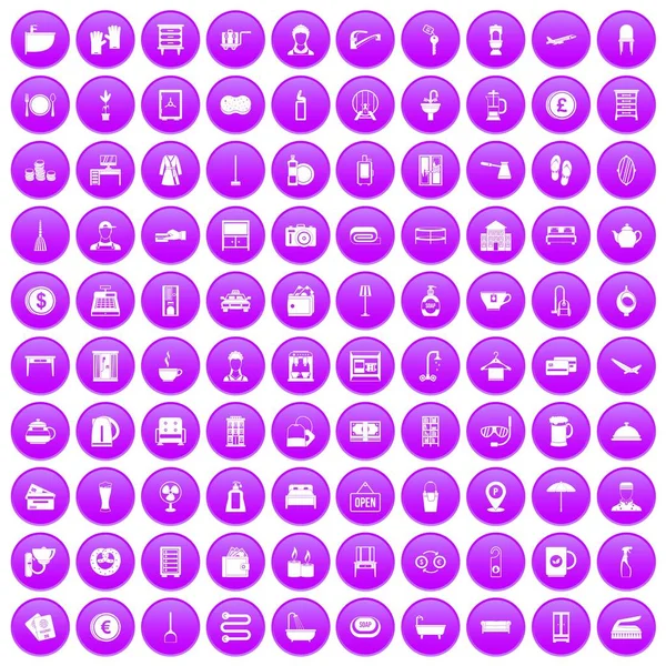 100 icônes auberge ensemble violet — Image vectorielle