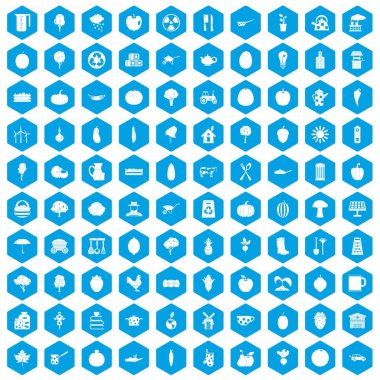 100 sağlık gıda simgeleri mavi ayarla