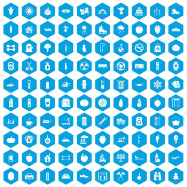 100 sağlıklı yaşam tarzı simgeleri mavi ayarla