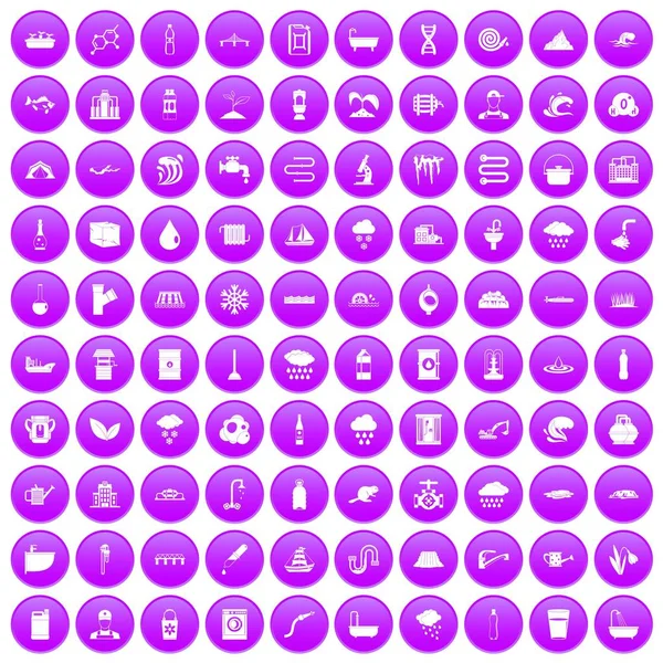 100 watervoorziening iconen set paars — Stockvector