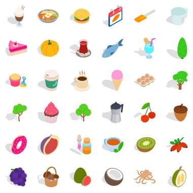 Vejetaryen kafe Icons set, izometrik stili