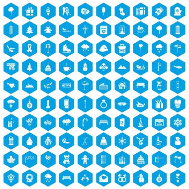 100 Kış tatil simgeleri mavi ayarla