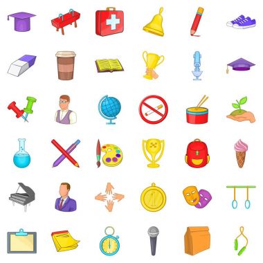 Üniversite sırt çantası Icons set, karikatür tarzı