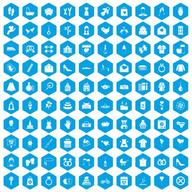 100 kadın mutlu simgeleri mavi ayarla