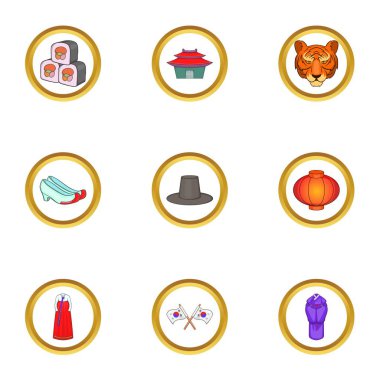 Güney Kore kültür Icons set, karikatür tarzı