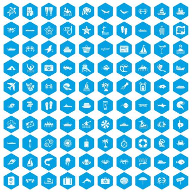 100 deniz yaşam simgeleri mavi ayarla