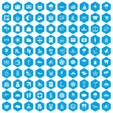 100 seaside resort simgeleri mavi ayarla