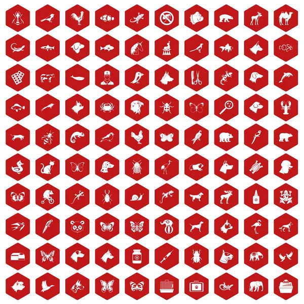 100 animais ícones hexágono vermelho —  Vetores de Stock
