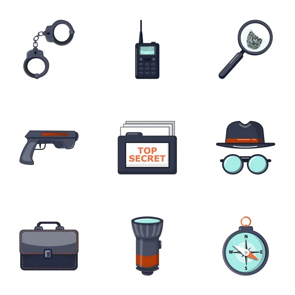 Conjunto de iconos de detective, estilo de dibujos animados — Vector de stock