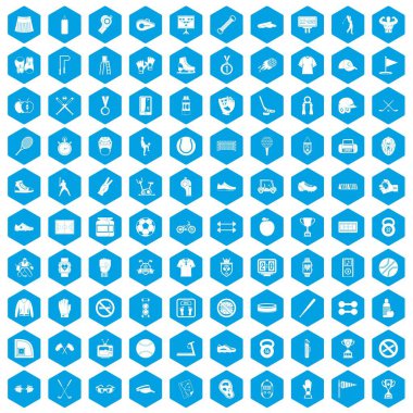 100 spor ekipmanları simgeleri mavi ayarla